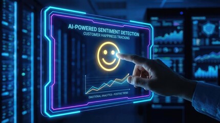 Hand Touching Happy Face on AI-Powered Sentiment Detection Screen artificial intelligence