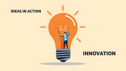 Businessman inside a glowing orange light bulb pulling lever to spark ideas in action and business innovation representing creative solution strategy and startup progress