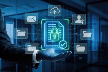 Man in suit presenting digital data security and file management icons on a dark background cybersecurity