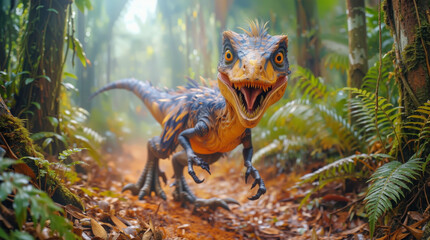 Obraz premium A dinosaur runs along a dirt path in a thick jungle filled with green plants. Sunlight filters through the trees, highlighting the creature's colorful skin and lively expression