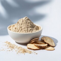 Minimal studio composition featuring fine beige astragalus powder in a white ceramic bowl, with dried root slices placed beside for ingredient context. Bright white background