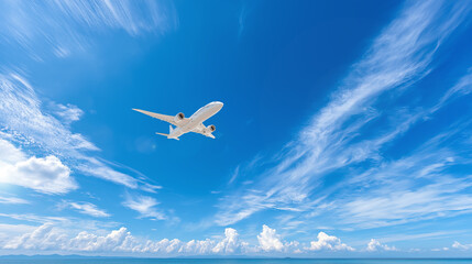 A large white airplane flying ,The background is dominated by a pale azure blue sky.