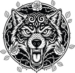 Obraz premium Aggressive Wolf Head Vector Illustration with Intricate Tribal Patterns and Rose Flower Wreath