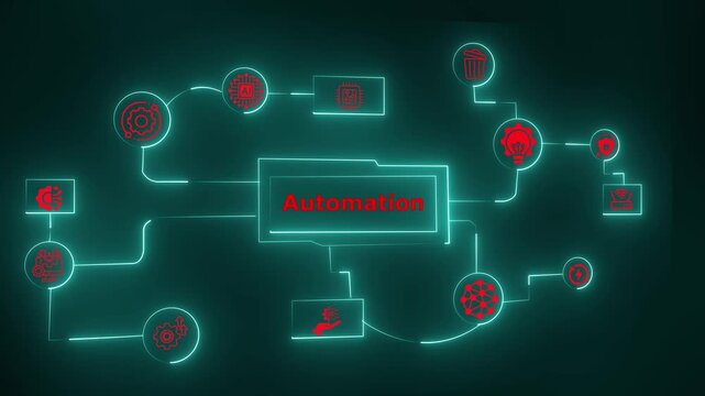 A futuristic neon automation interface showing intelligent process flow, connected system nodes, digital control logic, and efficient technology operations.