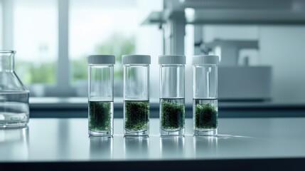 Scientific Experiment with Test Tubes Containing Green Algae Samples