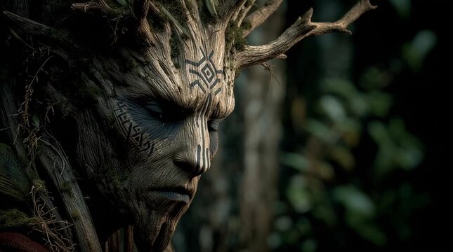 Neutral Leshy spirit blending into shadows, humanoid form partially merged with tree trunk, glowing runes etched into bark, evoking primeval forest mystery and ancient magic.
