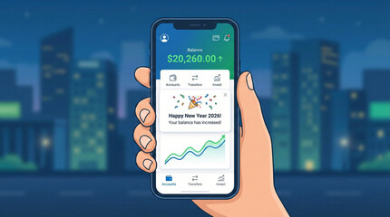 Hand holding smartphone with 2026 financial growth chart on screen against city background symbolizing investment success and future planning