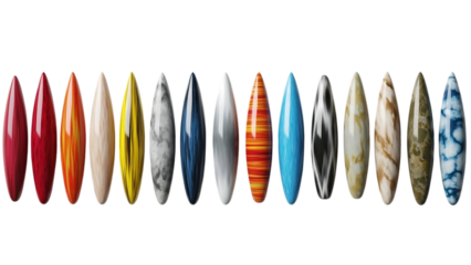 Collection of colorful surfboards on a black background