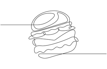 A single continuous one line drawing of a delicious burger.