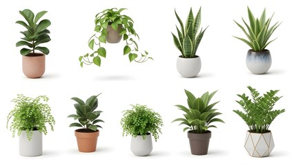 Floating Potted Houseplants, Assorted Indoor Plants Collection, Ultra-Realistic Botanical Stock, 8K Detailed Greenery on White Background