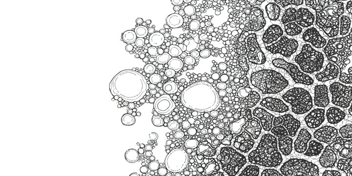 Detailed illustration of a microscopic cellular pattern and its transformation into dense tissue isolated on white background