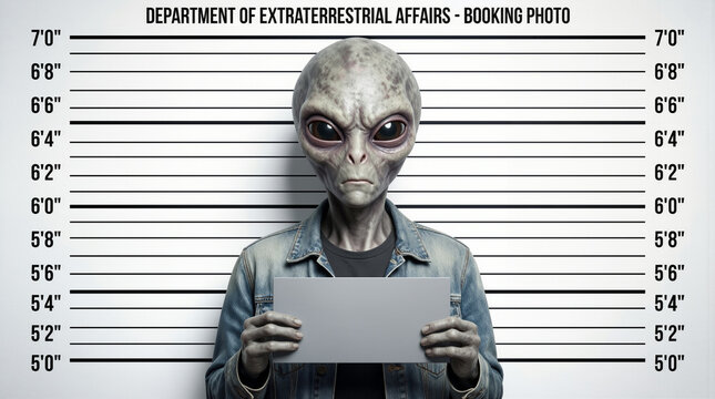 An alien character stands in front of a height chart holding a sign with its details. The setting suggests a comedic approach to extraterrestrial life in a booking photo style