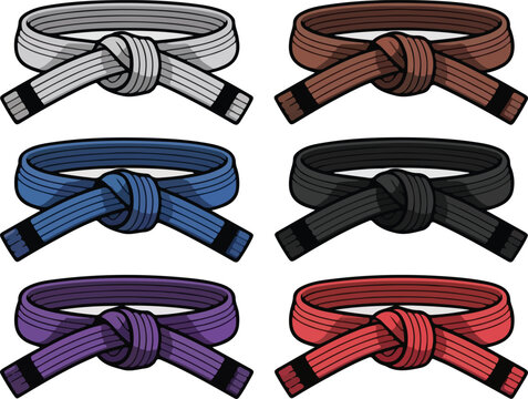 Judo Belts of Achievement: A collection of various color belts, representing the progressive levels of skill and dedication within the art of Judo. From white to black.