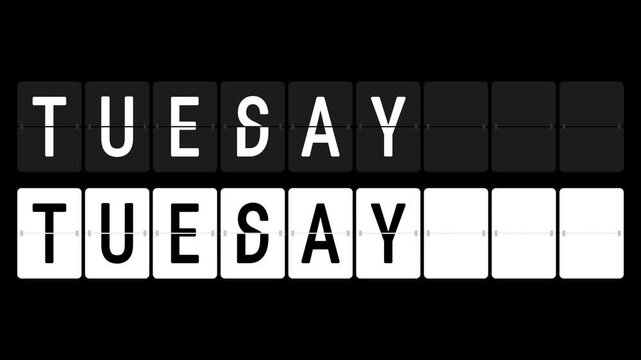 Monday, Tuesday, Wednesday, Thursday, Friday, Saturday, Sunday flip board animated with alpha channel. Flip card with days of the week motion graphic on transparent background.