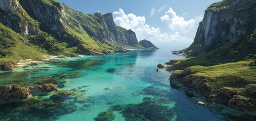 Obraz premium Scenic coastal landscape with clear turquoise water and mountain cliffs