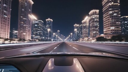 POV of a futuristic car speeding through a neon-lit city at night, with flying vehicles - Powered by Adobe
