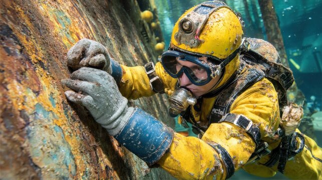 Underwater scene showing a diver in murky water using specialized tools to clean algae from a large ships hull focused on the diver with surrounding haze out of focus.