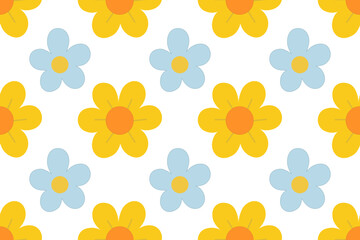 Cheerful floral repeat with yellow and blue blooms on white playful, bright, and perfect for fabric, wrapping, or spring themed decor.
