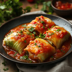 Stuffed cabbage rolls in tomato sauce with herbs, close up