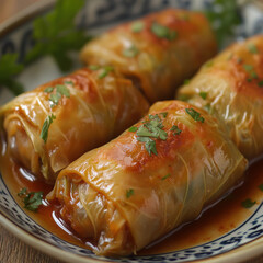 Stuffed cabbage rolls in tomato sauce on plate, close up

