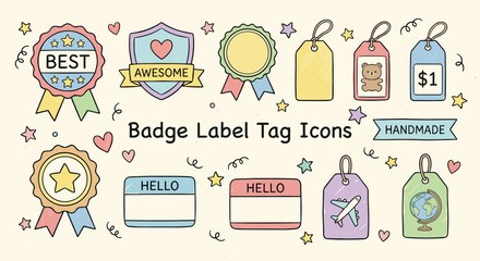 Badge label tag doodle colorful icons set. Sticker emblem symbols, sale promotion price award marketing design. Vector illustration