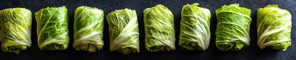 Line of fresh cabbage rolls on dark background, top view


