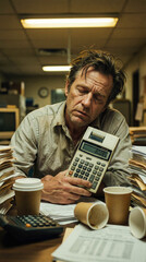 Sad elderly man holding calculator financial crisis concept grandfather looking stressed about money poverty retirement struggle budget problem business background economic depression tax debt bill