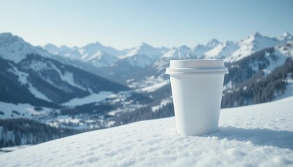 Biały jednorazowy kubek na wynos z kawą napojem stojący na śniegu na tle ośnieżonych szczytów górskich w słoneczny dzień – koncept zimowego wypoczynku i makieta produktu z miejscem na tekst