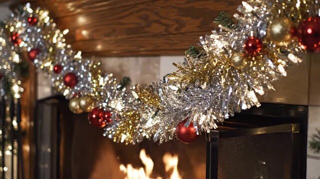 Festive fireplace garland with ornaments and lights display