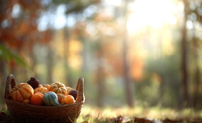 Basket of gourds in sunlit autumn forest with blurred background