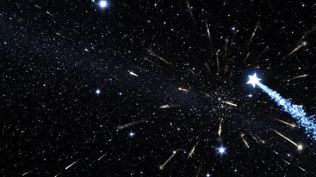 Vast dark space filled with countless stars, a brilliant meteor streaks across, exploding at its head