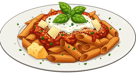 Pasta dish with marinara sauce and fresh basil