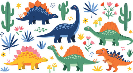 Obraz premium Cute Dinosaur Characters Vector Illustration Collection Featuring Prehistoric Animals and Nature Elements