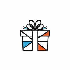 A modern, geometric line art illustration of a gift box with a bow, featuring blue and orange accents on a white background.