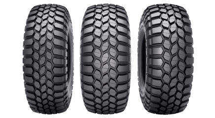 Three black tires with tread pattern rubber isolated on a transparent background