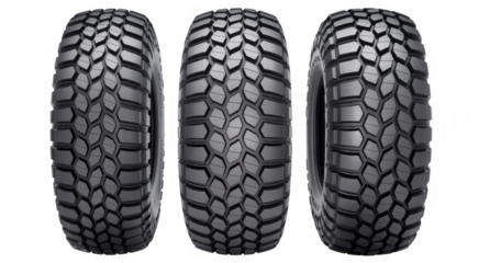 Three black tires with tread pattern rubber isolated on a transparent background