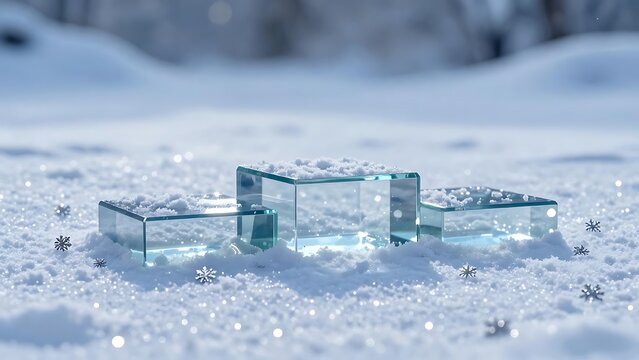 A glass podium in a minimalist style, made in icy blue and white tones against a background of sparkling winter snow, with a dedicated place for text placement. - Powered by Adobe