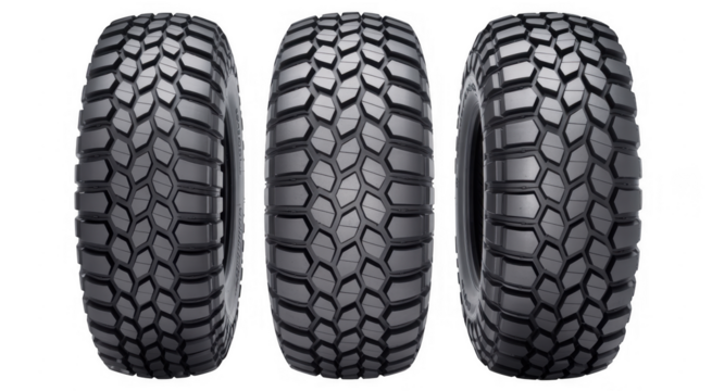 Three black tires with tread pattern rubber isolated on a transparent background - Powered by Adobe