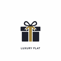 A flat design icon of a luxury gift box with a gold ribbon and bow on a white background, representing elegance and celebration.