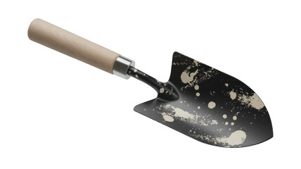 Trowel with beige handle and dirty metal blade shovel gardening tool isolated on a transparent background