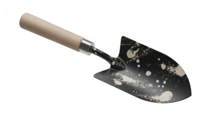 Trowel with beige handle and dirty metal blade shovel gardening tool isolated on a transparent background