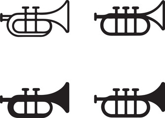 Isolated Trumpet Icons, Trumpet Black Minimal Vector Icons, Musical Instrument UI Symbols, Four Identical Grid Layout Icons, Clean Modern App Web Band Music Design Icons