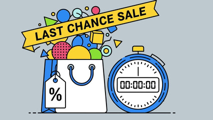 Colorful sale concept with shopping bag and stopwatch signaling limited time discount.