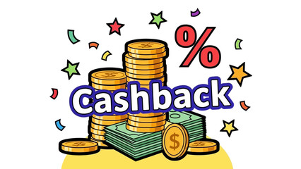 Vibrant Cashback Illustration Highlighting Stacks of Coins and Cash Rewards for Savings.