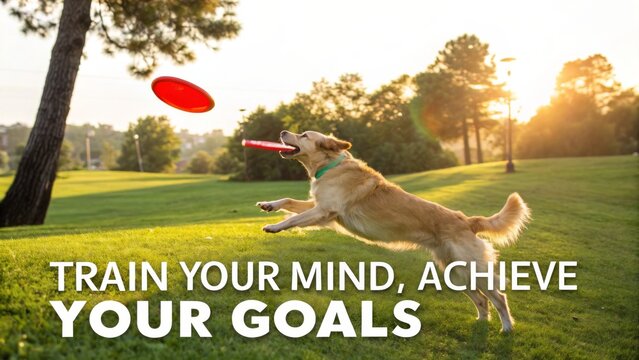 Golden retriever dog catching frisbee outdoors during golden hour - Powered by Adobe