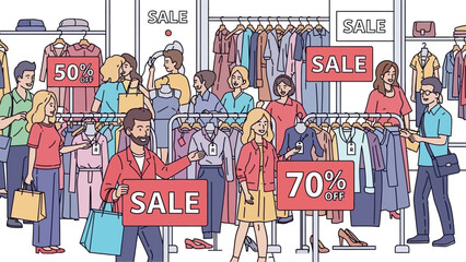 Bustling shoppers fill storefronts during a vibrant sale event with sale signs.