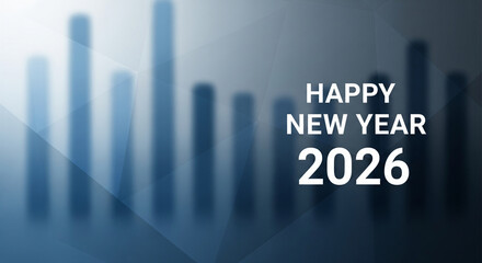 Minimal abstract background with bar chart shapes and happy new year 2026 text symbolizing business growth and future success