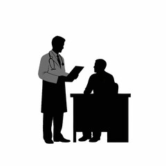 Silhouette illustration of a doctor consulting with a patient sitting at a desk in a medical office.