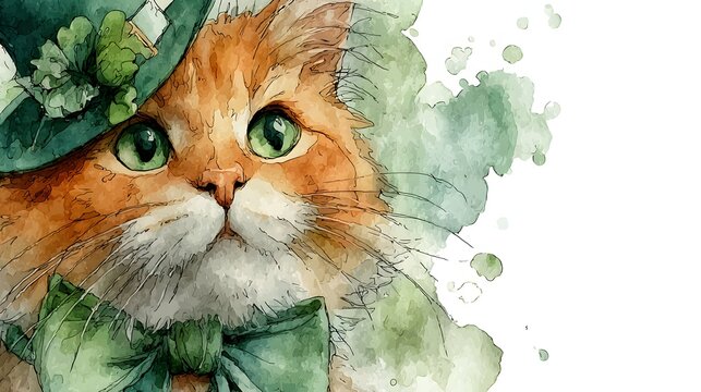 Lucky ginger cat with green clover hat symbolizing good fortune and St Patrick’s Day charm in watercolor illustration - Powered by Adobe