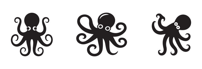 Simple black silhouette of a cartoon octopus with big eyes floating in water surface © MdJahid